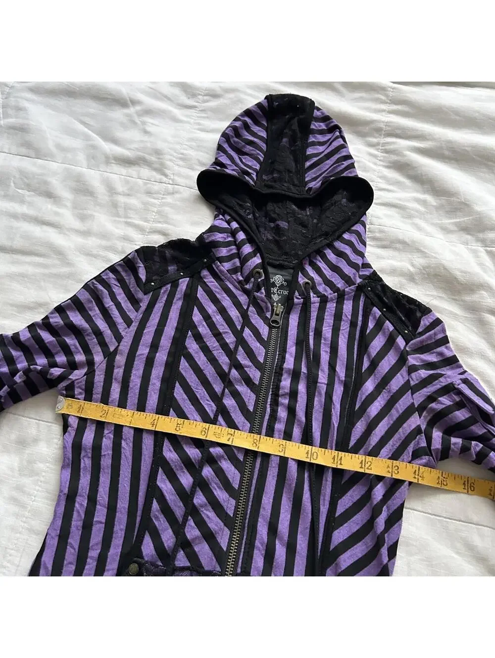 Ozz On Purple Black Striped Hooded Tunic Top Lace Zip Size S Japan